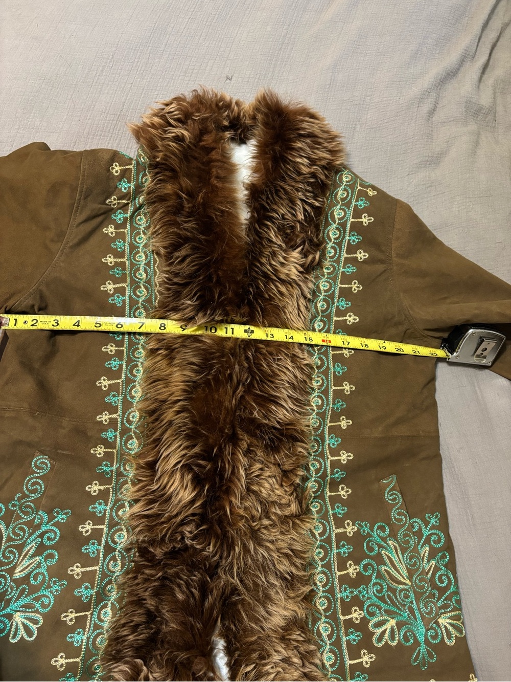 Penny lane Bohemian Embroidered Faux-Fur Trim Brown Coat - Picture 7 of 8